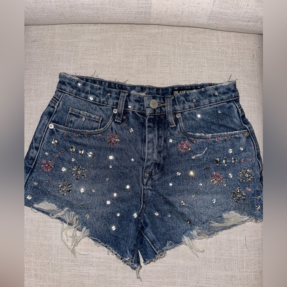 Blank NYC All That Glitters Cut Off Shorts Denim Frayed Jewelled